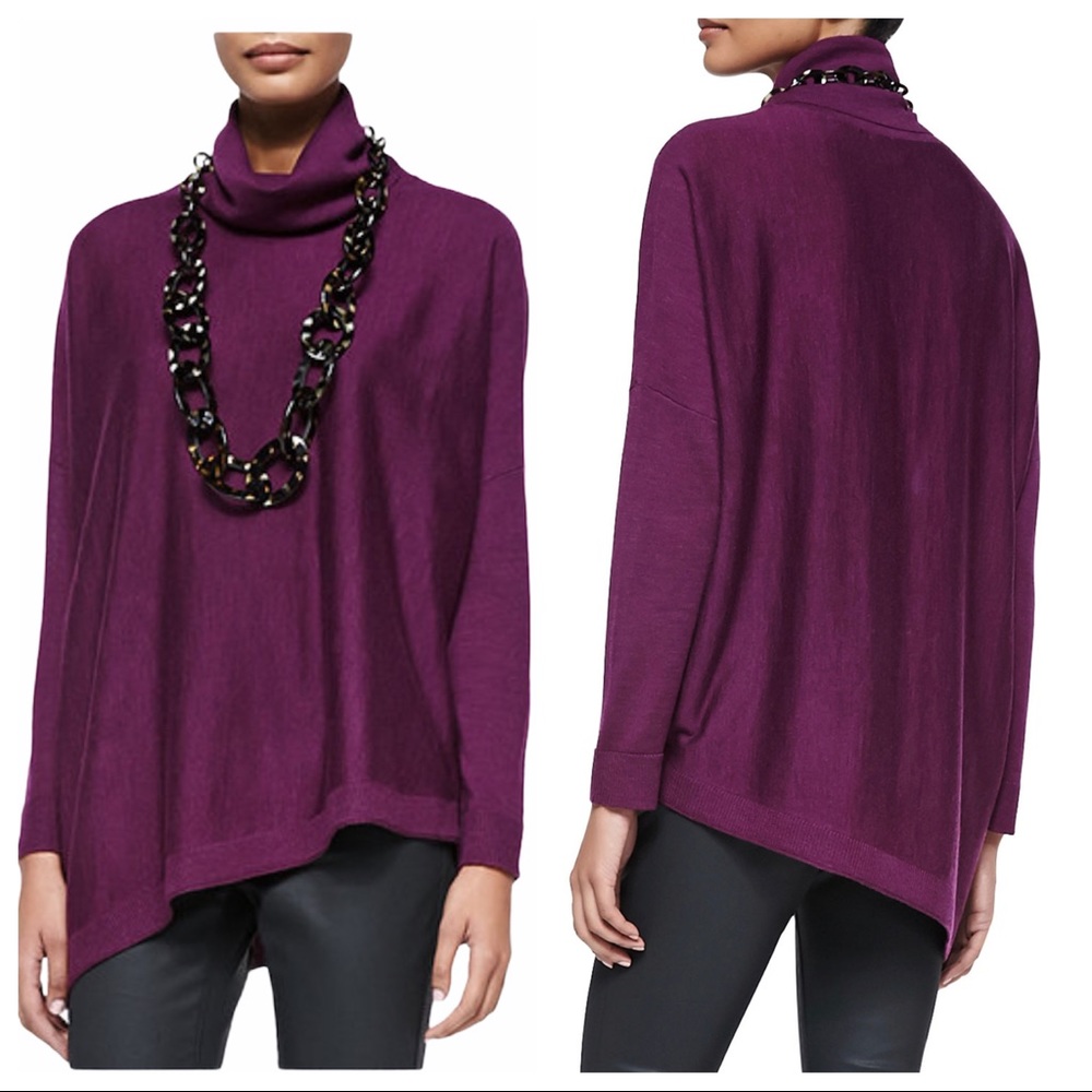 Eileen Fisher asymmetrical hem blue merino jersey turtleneck sweater